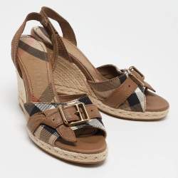 Pre Owned Burberry Brown/Beige Nova Check Canvas and Leather Espadrille Wedge Sandals Size 38