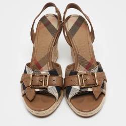 Pre Owned Burberry Brown/Beige Nova Check Canvas and Leather Espadrille Wedge Sandals Size 38