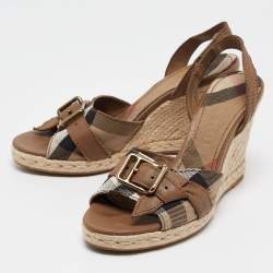 Pre Owned Burberry Brown/Beige Nova Check Canvas and Leather Espadrille Wedge Sandals Size 38