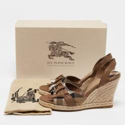 Pre Owned Burberry Brown/Beige Nova Check Canvas and Leather Espadrille Wedge Sandals Size 38