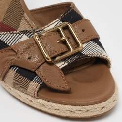 Pre Owned Burberry Brown/Beige Nova Check Canvas and Leather Espadrille Wedge Sandals Size 38