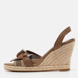 Pre Owned Burberry Brown/Beige Nova Check Canvas and Leather Espadrille Wedge Sandals Size 38