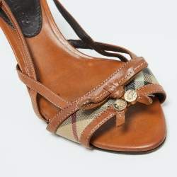 Burberry Brown Nova Check Coated Canvas and Leather Slingback Sandals Size 40