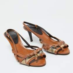 Burberry Brown Nova Check Coated Canvas and Leather Slingback Sandals Size 40