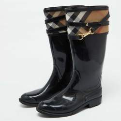 Burberry Black/Beige Rubber and House Check Canvas Rain Boots Size 38