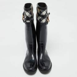 Burberry Black/Beige Rubber and House Check Canvas Rain Boots Size 38