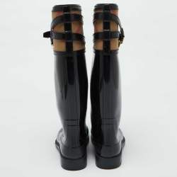 Burberry Black/Beige Rubber and House Check Canvas Rain Boots Size 38