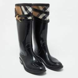 Burberry Black/Beige Rubber and House Check Canvas Rain Boots Size 38