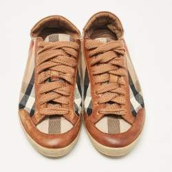 Burberry Brown/Beige Canvas and Leather Low Top Sneakers Size 37