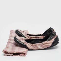 Burberry Pink/Black Check Fabric and Leather Scrunch Ballet Flats Size 36.5
