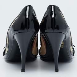 Pre Owned Burberry Black/Beige Canvas and Patent Leather Peep Toe Pumps Size 41