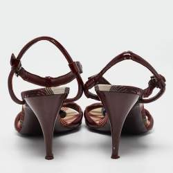 Burberry Burgundy Patent Leather Heart Chain Detail Ankle Strap Sandals Size 38