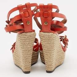 Burberry Orange Leather Espadrille Wedge Ankle Wrap Sandals Size 38