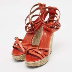 Burberry Orange Leather Espadrille Wedge Ankle Wrap Sandals Size 38