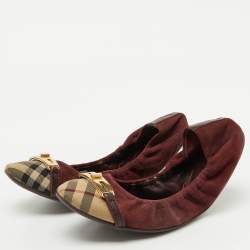 Burberry Burgundy Suede and Nova Check Canvas Drayton Twistlock Scrunch Ballet Flats Size 39.5