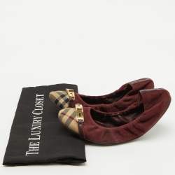 Burberry Burgundy Suede and Nova Check Canvas Drayton Twistlock Scrunch Ballet Flats Size 39.5