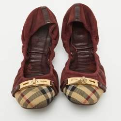 Burberry Burgundy Suede and Nova Check Canvas Drayton Twistlock Scrunch Ballet Flats Size 39.5