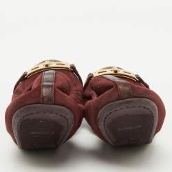 Burberry Burgundy Suede and Nova Check Canvas Drayton Twistlock Scrunch Ballet Flats Size 39.5