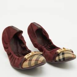 Burberry Burgundy Suede and Nova Check Canvas Drayton Twistlock Scrunch Ballet Flats Size 39.5