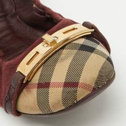 Burberry Burgundy Suede and Nova Check Canvas Drayton Twistlock Scrunch Ballet Flats Size 39.5