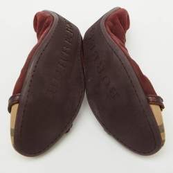 Burberry Burgundy Suede and Nova Check Canvas Drayton Twistlock Scrunch Ballet Flats Size 39.5