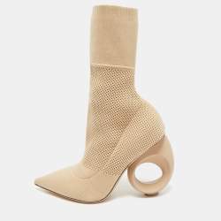 Burberry Beige Knit Fabric Sculpted Heel Ankle Length Boots Size 39