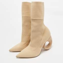 Pre Owned Burberry Beige Knit Fabric Sculpted Heel Ankle Length Boots Size 39