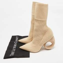 Pre Owned Burberry Beige Knit Fabric Sculpted Heel Ankle Length Boots Size 39