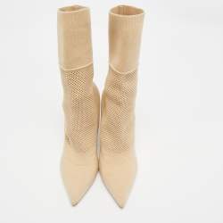 Pre Owned Burberry Beige Knit Fabric Sculpted Heel Ankle Length Boots Size 39