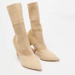 Pre Owned Burberry Beige Knit Fabric Sculpted Heel Ankle Length Boots Size 39