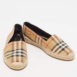 Burberry Beige/Black House Check Fabric and Leather Espadrille Flats Size 38