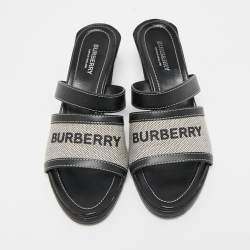 Burberry Black Canvas and Leather Honour Slide Sandals Size 38.5