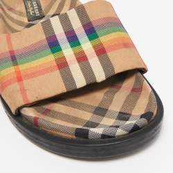 Burberry Beige Vintage Rainbow Check Canvas Ashmore Flat Slide Sandals Size 38