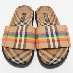Burberry Beige Vintage Rainbow Check Canvas Ashmore Flat Slide Sandals Size 38