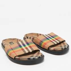 Burberry Beige Vintage Rainbow Check Canvas Ashmore Flat Slide Sandals Size 38