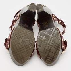 Burberry Burgundy Quilted Patent Leather Buckle Detail Platform Slingback Sandals Size 38