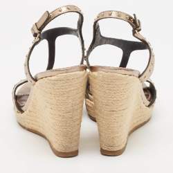 Pre Owned Burberry Beige/Brown Canvas and Leather Ankle Strap Espadrille Wedge Sandals Size 38.5