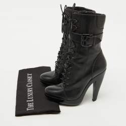Burberry Black Leather Buckle Detail Mid Calf Platform Boots Size 37.5