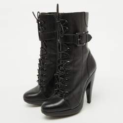 Burberry Black Leather Buckle Detail Mid Calf Platform Boots Size 37.5