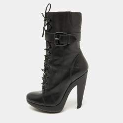 Burberry Black Leather Buckle Detail Mid Calf Platform Boots Size 37.5