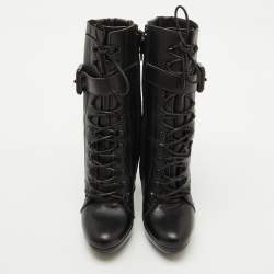 Burberry Black Leather Buckle Detail Mid Calf Platform Boots Size 37.5