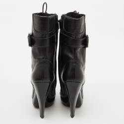 Burberry Black Leather Buckle Detail Mid Calf Platform Boots Size 37.5