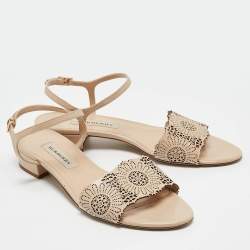 Pre Owned Burberry Beige Laser Cut Patent Leather Adenvale Ankle Strap Sandals Size 40