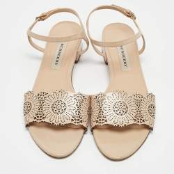 Pre Owned Burberry Beige Laser Cut Patent Leather Adenvale Ankle Strap Sandals Size 40