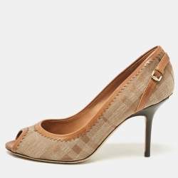 Burberry Brown Coated Canvas and Leather Ellaline Peep Toe Pumps Size 37