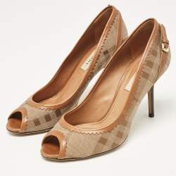 Burberry Brown Coated Canvas and Leather Ellaline Peep Toe Pumps Size 37