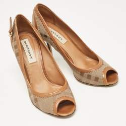 Burberry Brown Coated Canvas and Leather Ellaline Peep Toe Pumps Size 37