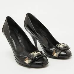 Pre Owned Burberry Black Patent Leather Buckle Detail Pumps Size 39