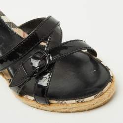 Pre Owned Burberry Black Patent Leather Strappy Wedge Espadrille Sandals Size 38