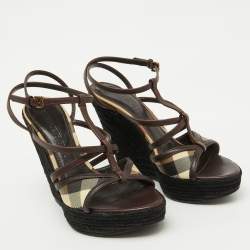Burberry Brown/Beige Leather and Check PVC Platform Wedge Espadrille Sandals Size 38